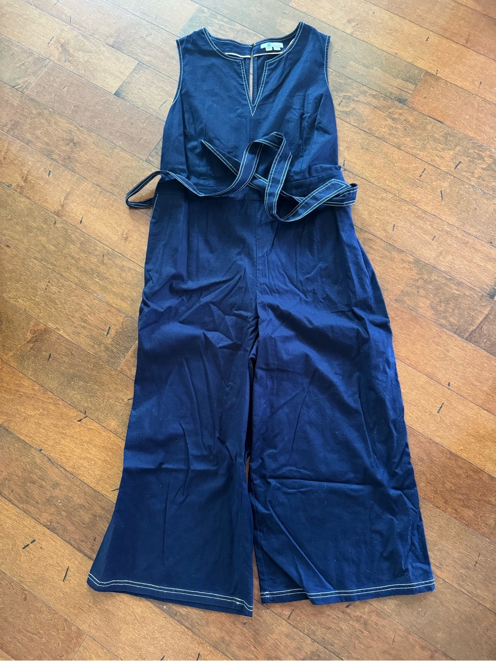 Boden Denim Sleeveless Wide-Leg Jumpsuit with Tie Belt | Size 16/18